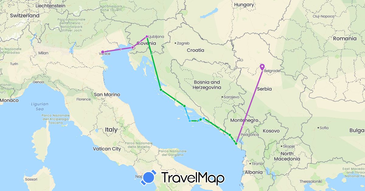 TravelMap itinerary: driving, bus, train, boat in Croatia, Italy, Montenegro, Serbia, Slovenia (Europe)